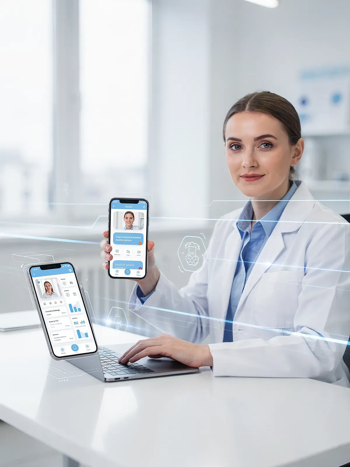 Plataforma de telessaúde exibida em celular e notebook